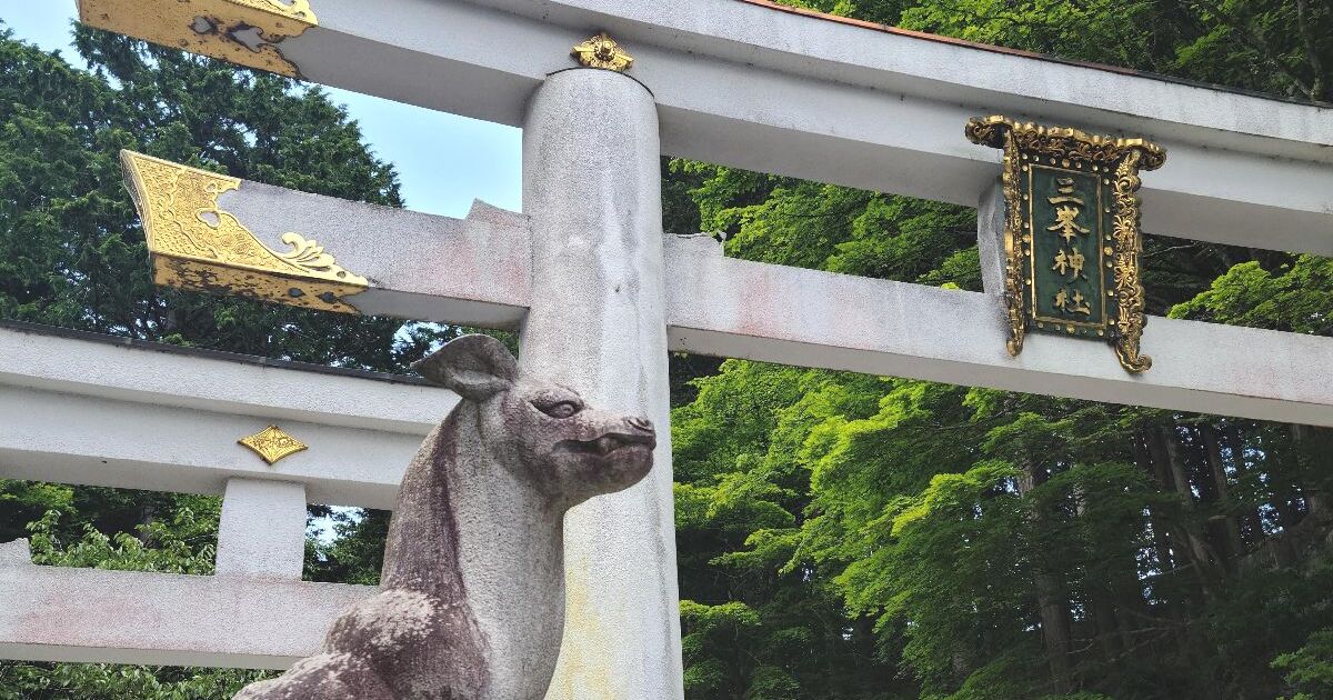 秩父市三峰の三峯神社、全国的にも珍しい狼の狛犬と鳥居の風景