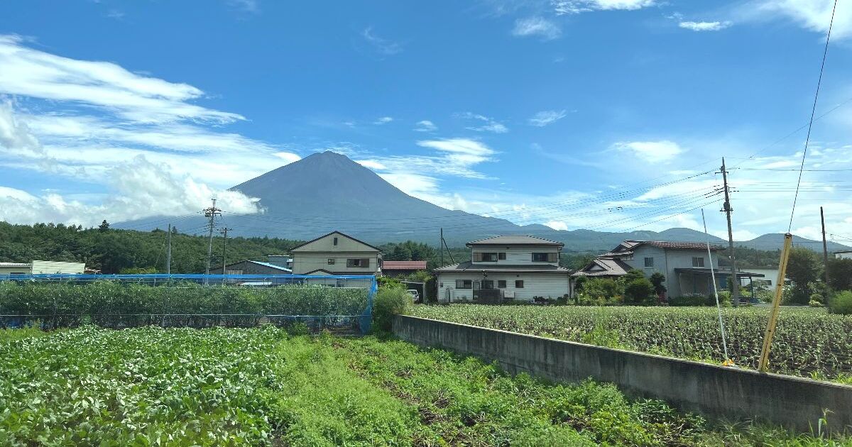富士河口湖町に広がる畑と富士山の風景